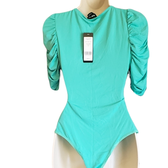 SAVE $50 - NWT - BEBE Cross Shirred Bodysuit Aqua Green Size S - Picture 6 of 6